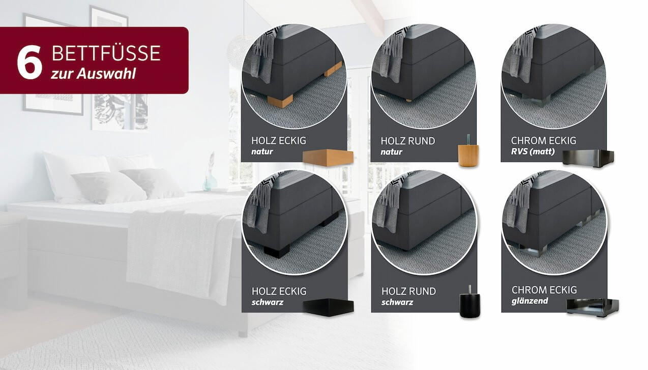 6 Fußvarianten zur Wahl, in Holz oder Chrom