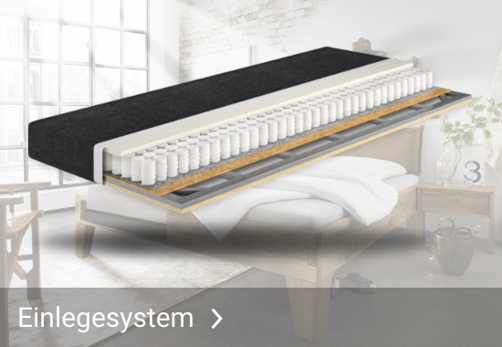 Querschnitt eines Boxspring-Einlegerahmens mit Taschenfederkern und Schichten aus Schaumstoff und Stoff mit dem Text 'Einlegesystem'