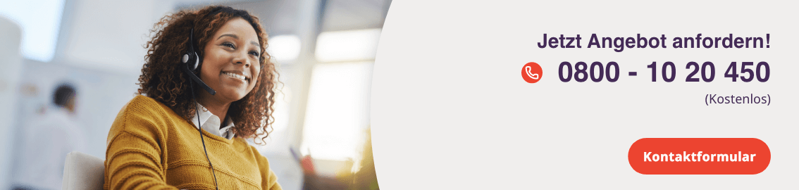 Frau mit lockigem Haar und gelbem Pullover sitzt am Schreibtisch, Text 'Jetzt Angebot anfordern! 0800 - 10 20 450 (Kostenlos)', roter Button 'Kontaktformular'